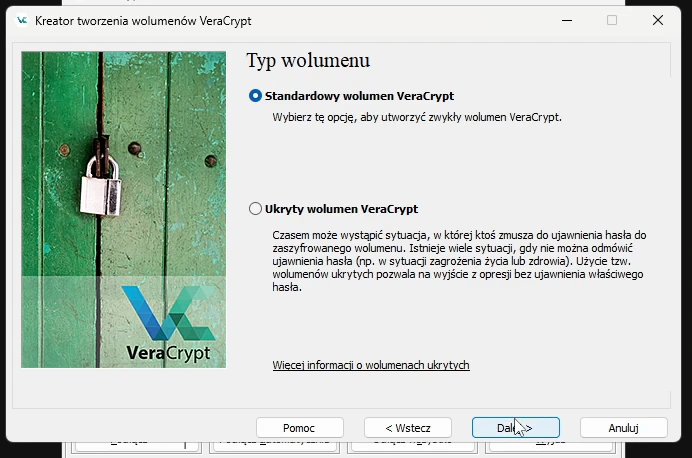 Krok „Typ wolumenu” z zaznaczoną opcją „Standardowy wolumen VeraCrypt” i drugą opcją „Ukryty wolumen VeraCrypt”.