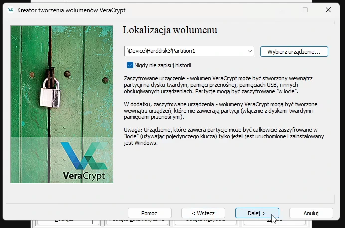 Krok „Lokalizacja wolumenu” ze wskazanym urządzeniem \Device\Harddisk3\Partition1 i przyciskiem „Wybierz urządzenie”.