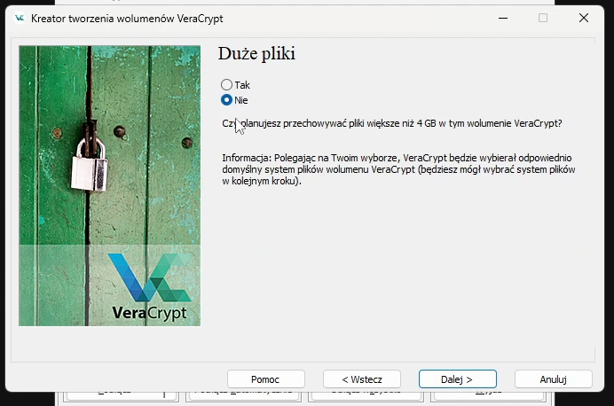 Krok „Duże pliki” z pytaniem, czy planujesz przechowywać pliki większe niż 4 GB, i zaznaczoną odpowiedzią „Nie”.