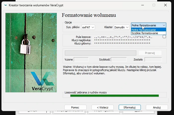 Ekran „Formatowanie wolumenu”: system plików exFAT, rozwinięta lista z opcjami „Pełne formatowanie” i „Szybkie formatowanie”, pola puli losowej oraz pasek „Losowość zebrana z ruchów myszy”.