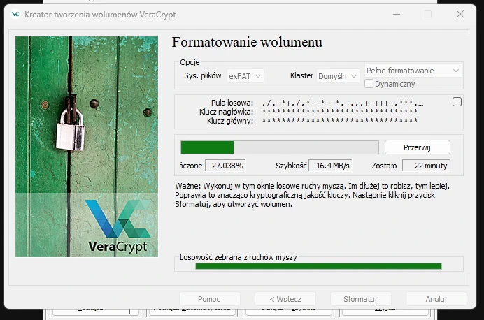 Ekran „Formatowanie wolumenu” w trakcie pracy: ukończono 27 procent, szybkość 16,4 MB/s, pozostało 22 minuty.