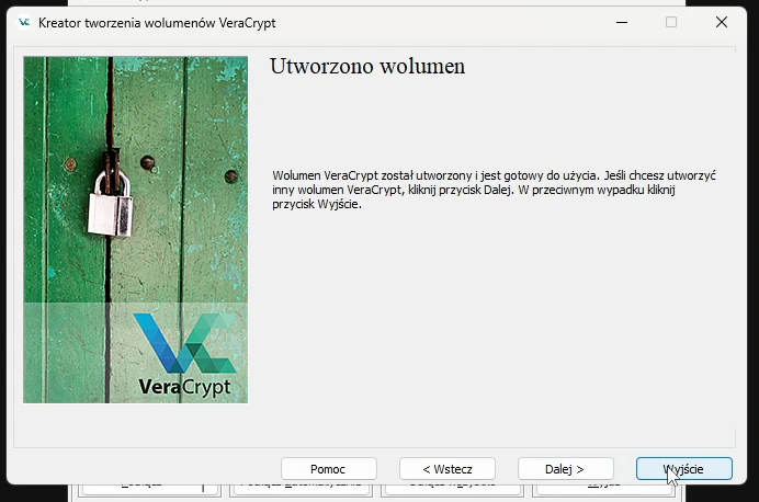 Ekran „Utworzono wolumen” z informacją, że wolumen VeraCrypt został utworzony i jest gotowy do użycia.