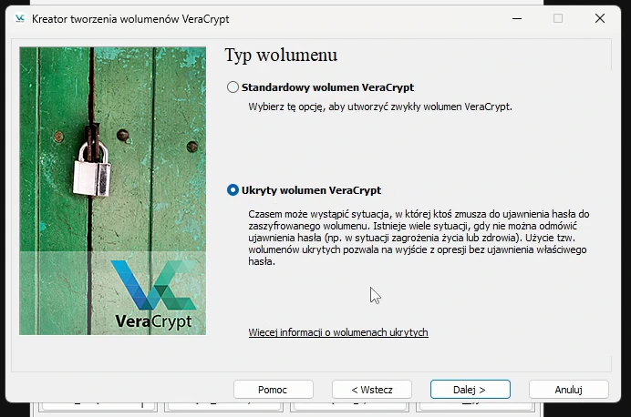 Okno kreatora VeraCrypt na kroku „Typ wolumenu”. Do wyboru są dwie opcje: „Standardowy wolumen VeraCrypt” oraz zaznaczony „Ukryty wolumen VeraCrypt”.