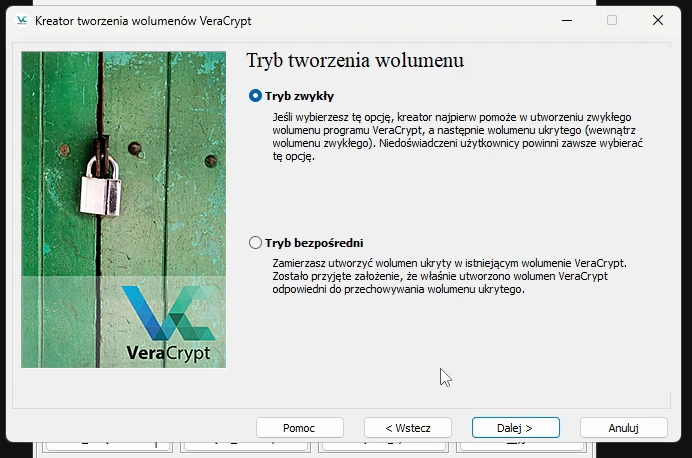 Krok „Tryb tworzenia wolumenu” z zaznaczoną opcją „Tryb zwykły” i drugą opcją „Tryb bezpośredni”.